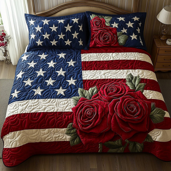 Rose and Glory quilted 3-piece bedding set on a made bed with two matching pillow shams