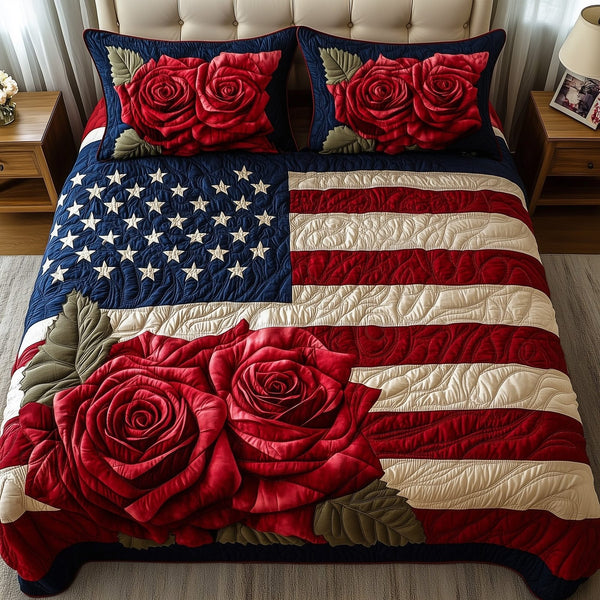 Rose and Glory quilted 3-piece bedding set on a made bed with two matching pillow shams