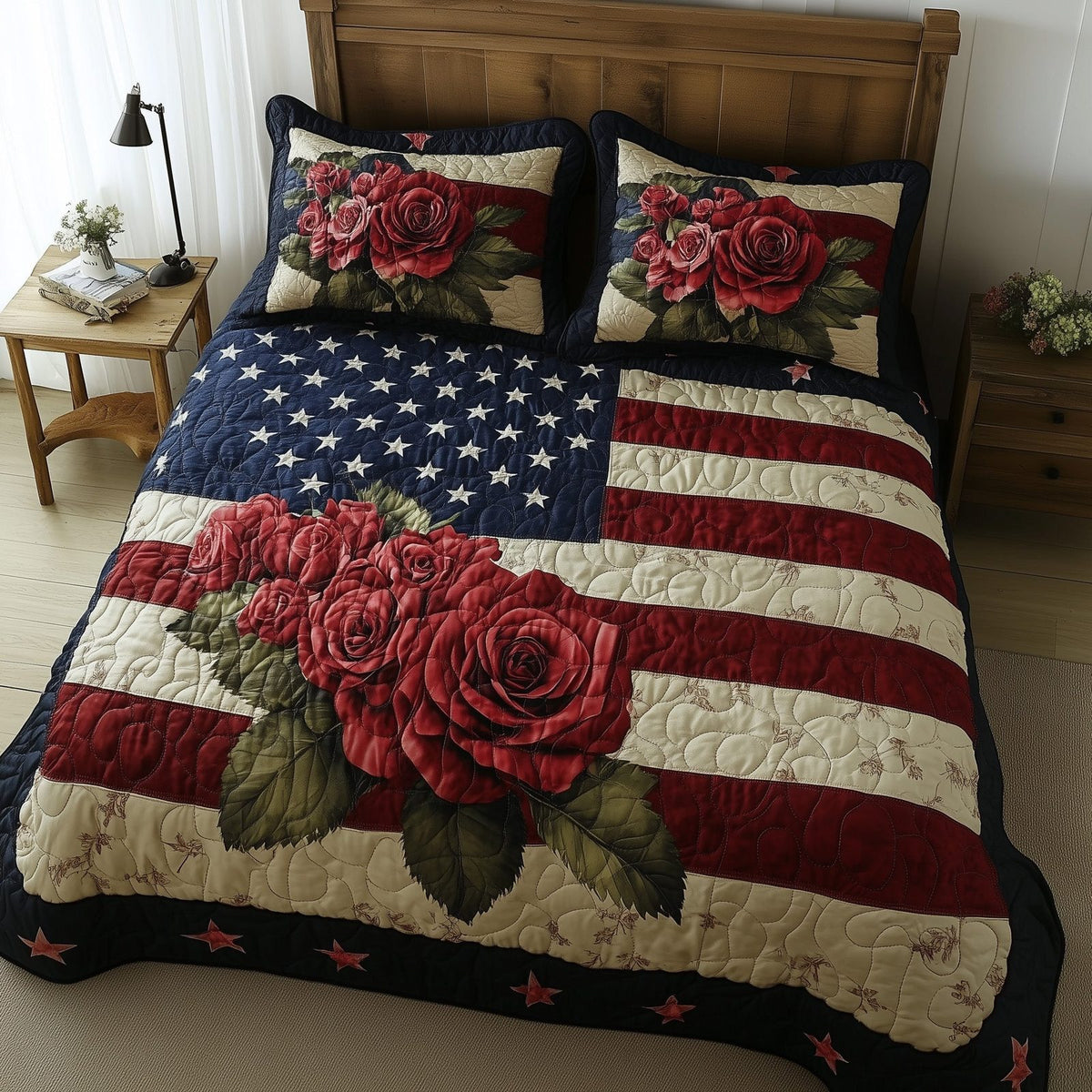 Rose and Glory quilted 3-piece bedding set on a made bed with two matching pillow shams