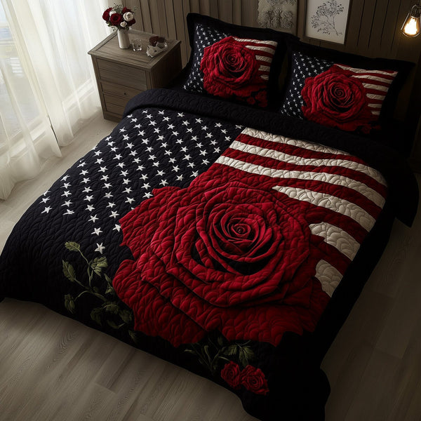 Rose and Glory quilted 3-piece bedding set on a made bed with two matching pillow shams