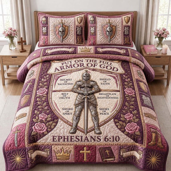 Rose Armor Guardian quilted 3-piece bedding set on a made bed with two matching pillow shams