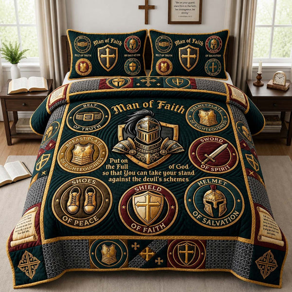 Rose Armor Maiden quilted 3-piece bedding set on a made bed with two matching pillow shams