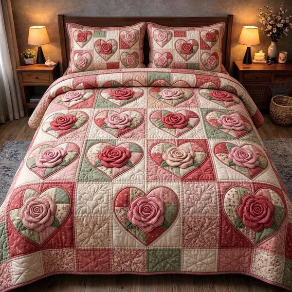 Rose Bloom quilted 3-piece bedding set on a made bed with two matching pillow shams