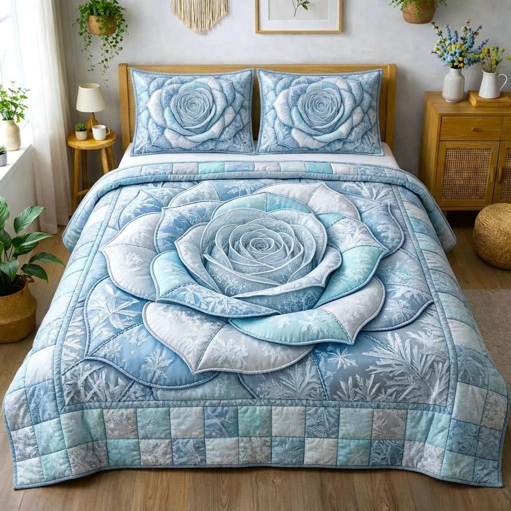 Rose Bloom quilted 3-piece bedding set on a made bed with two matching pillow shams