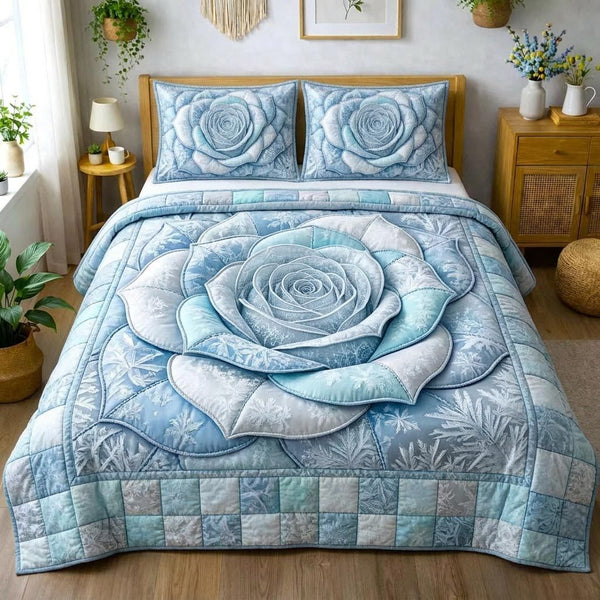 Rose Bloom quilted 3-piece bedding set on a made bed with two matching pillow shams