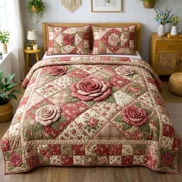 Rose Bloom quilted 3-piece bedding set on a made bed with two matching pillow shams