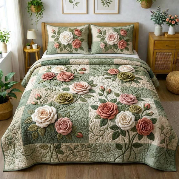 Rose Bloom quilted 3-piece bedding set on a made bed with two matching pillow shams