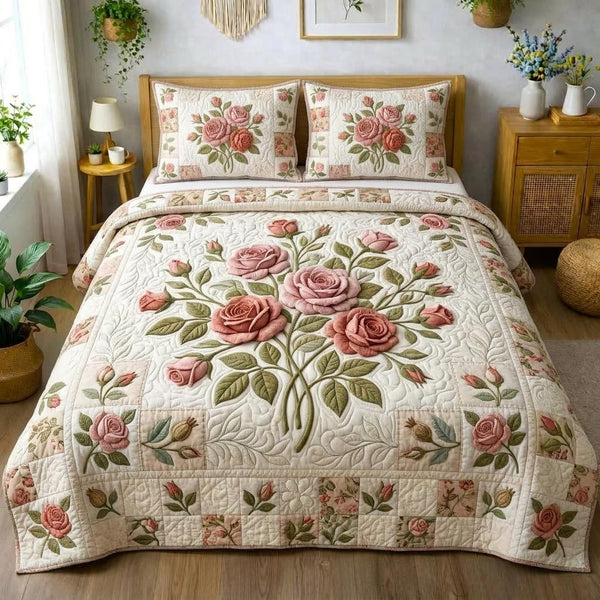 Rose Bloom quilted 3-piece bedding set on a made bed with two matching pillow shams