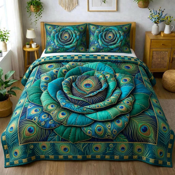 Rose Bloom quilted 3-piece bedding set on a made bed with two matching pillow shams