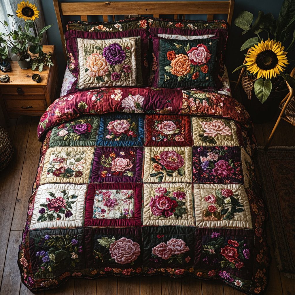Rose Bloom quilted 3-piece bedding set on a made bed with two matching pillow shams