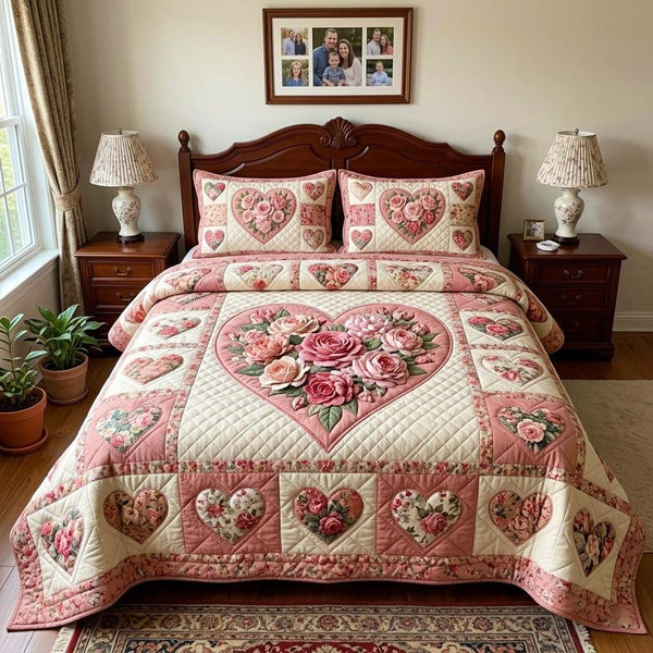 Rose Charm quilted 3-piece bedding set on a made bed with two matching pillow shams