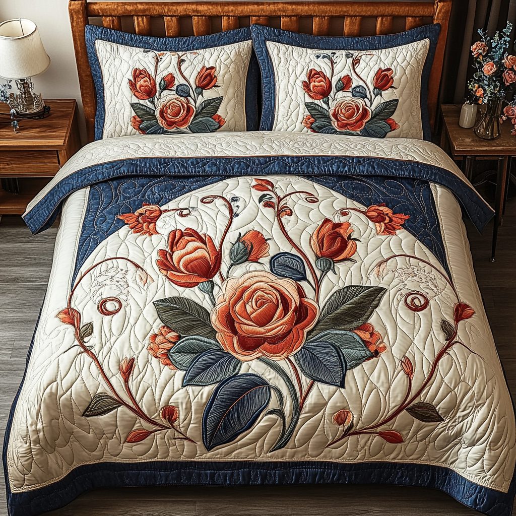 Rose Charm quilted 3-piece bedding set on a made bed with two matching pillow shams