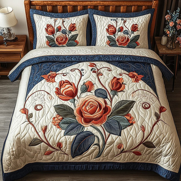 Rose Charm quilted 3-piece bedding set on a made bed with two matching pillow shams