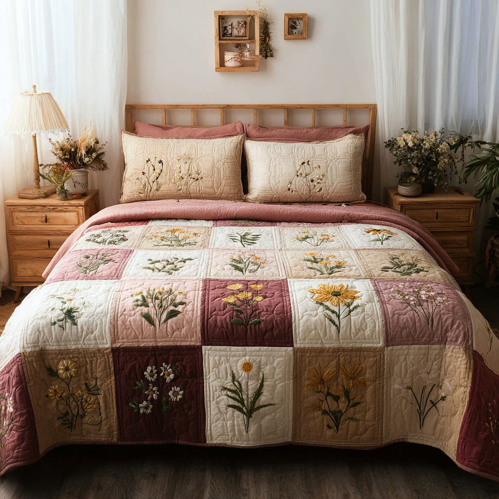 Rose Cottage quilted 3-piece bedding set on a made bed in a farmhouse bedroom