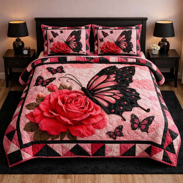 Rose Flutter quilted 3-piece bedding set on a made bed with two matching pillow shams