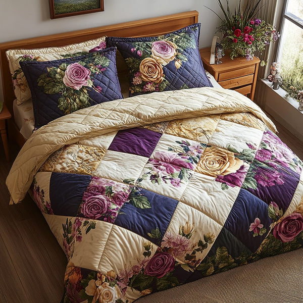 Rose Garden Patchwork quilted 3-piece bedding set on a made bed in a farmhouse bedroom