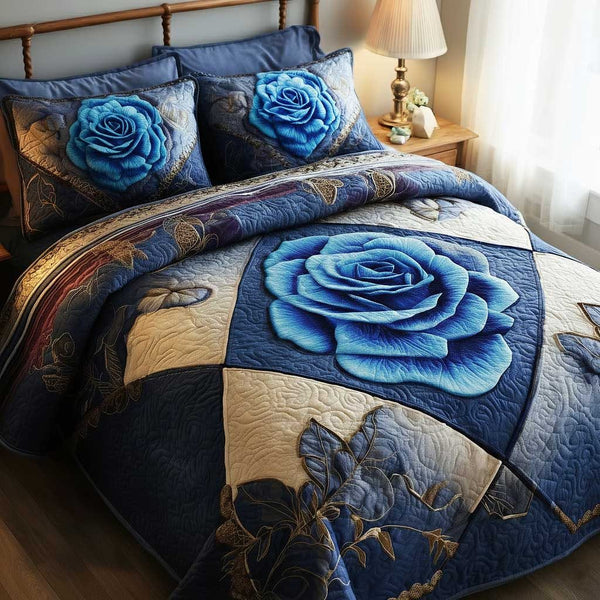 Rose Garden quilted 3-piece bedding set on a made bed with two matching pillow shams