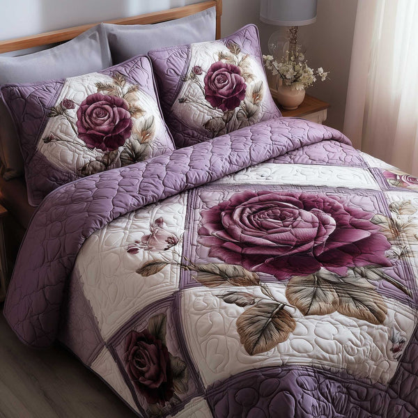 Rose Garden quilted 3-piece bedding set on a made bed with two matching pillow shams