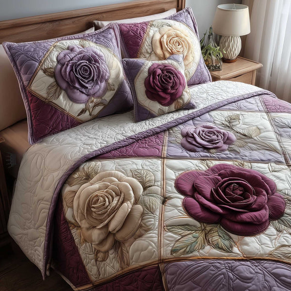 Rose Garden quilted 3-piece bedding set on a made bed with two matching pillow shams