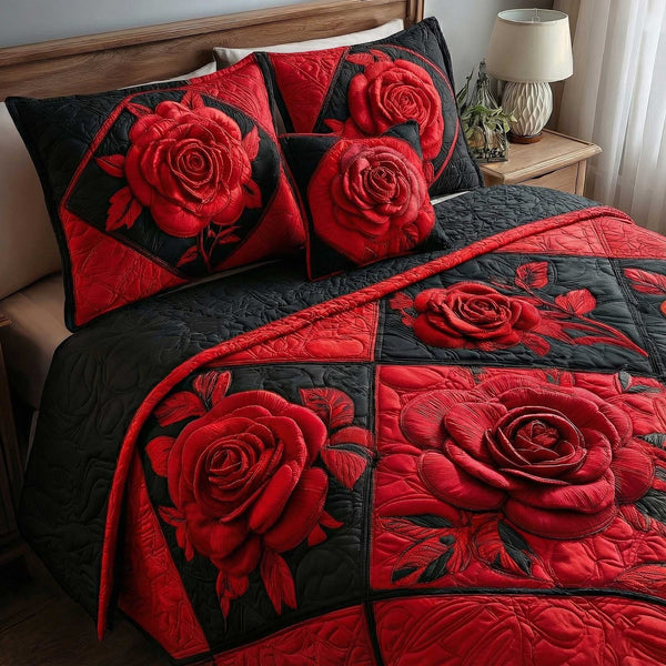 Rose Garden quilted 3-piece bedding set on a made bed with two matching pillow shams