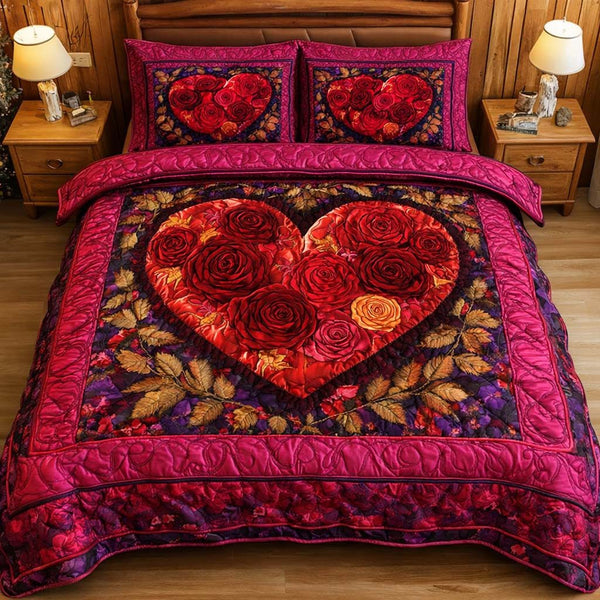 Rose Heart quilted 3-piece bedding set on a made bed with two matching pillow shams