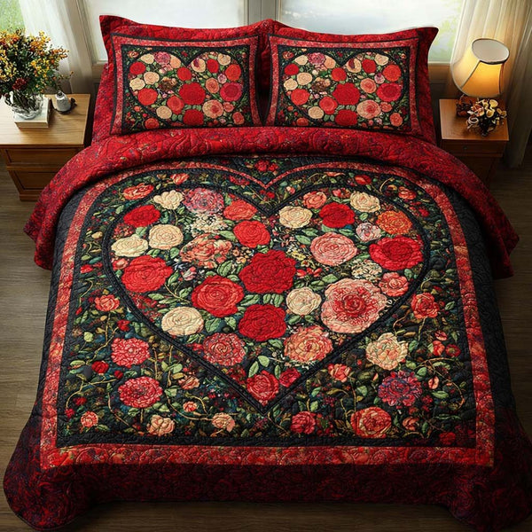 Rose Heart quilted 3-piece bedding set on a made bed with two matching pillow shams