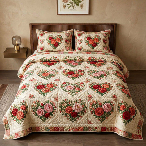 Rose Heart quilted 3-piece bedding set on a made bed with two matching pillow shams