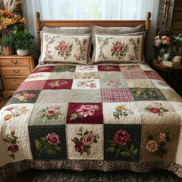 Rose Heirloom quilted 3-piece bedding set on a made bed with two matching pillow shams
