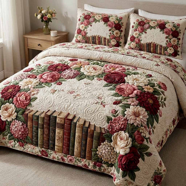 Rose Heirloom quilted 3-piece bedding set on a made bed with two matching pillow shams