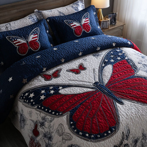 Rose Liberty quilted 3-piece bedding set on a made bed in a warmly lit bedroom
