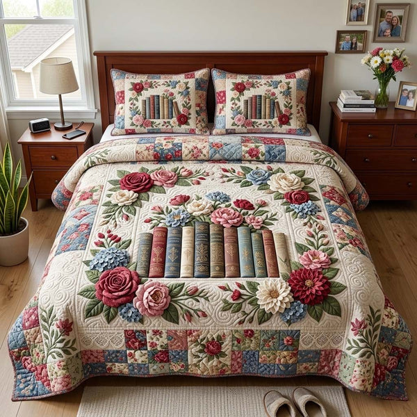 Rose Library quilted 3-piece bedding set on a made bed with two matching pillow shams