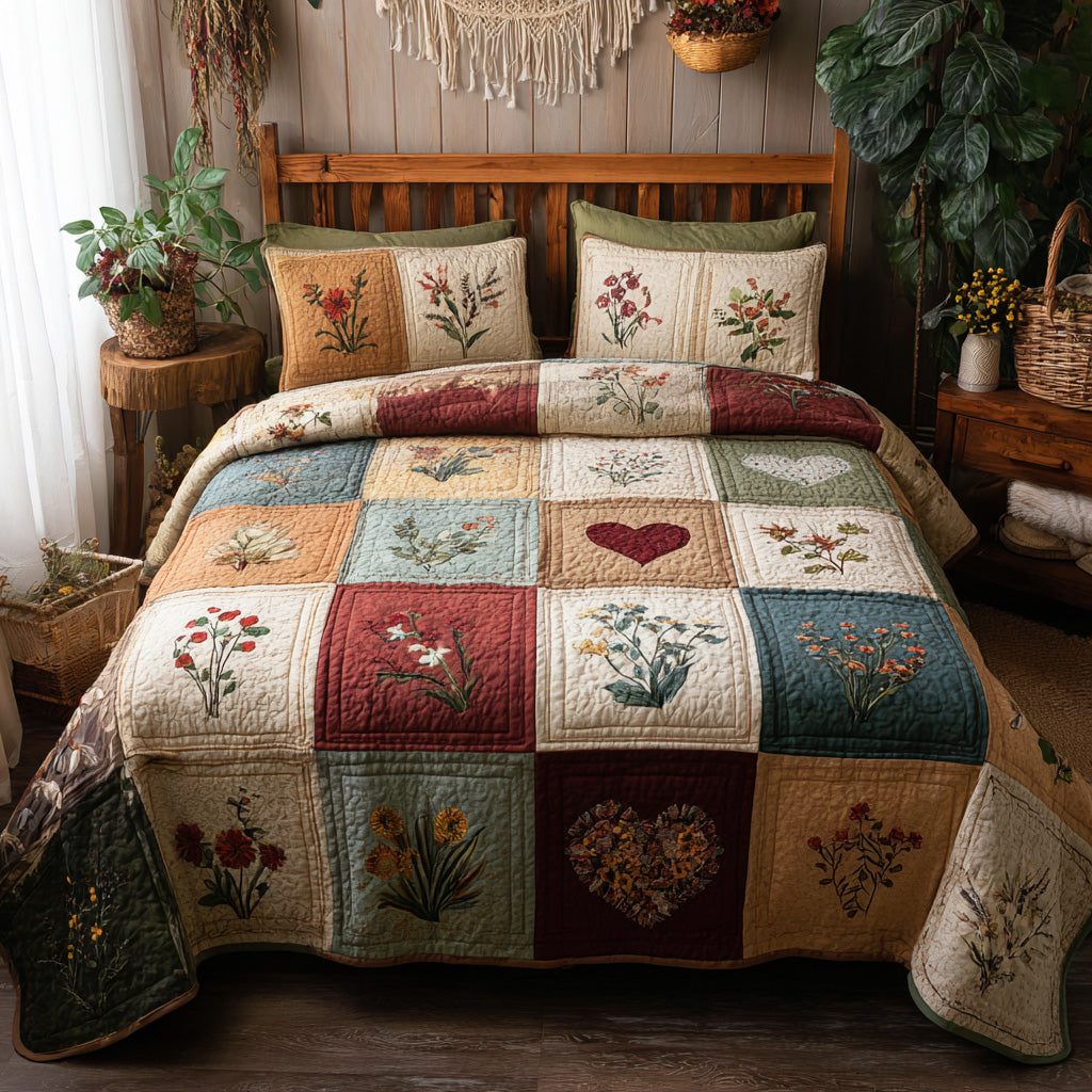 Rose Medley quilted 3-piece bedding set on a made bed with two matching pillow shams