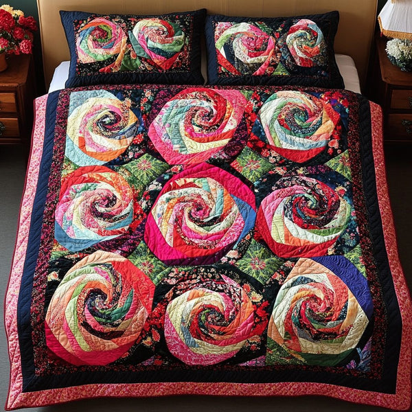 Rose Nest quilted 3-piece bedding set on a made bed with two matching pillow shams