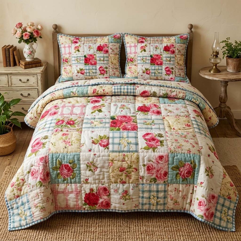 Rose Patchwork quilted 3-piece bedding set on a made bed in a farmhouse bedroom