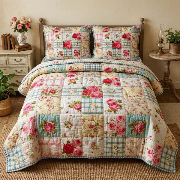 Rose Patchwork quilted 3-piece bedding set on a made bed in a farmhouse bedroom