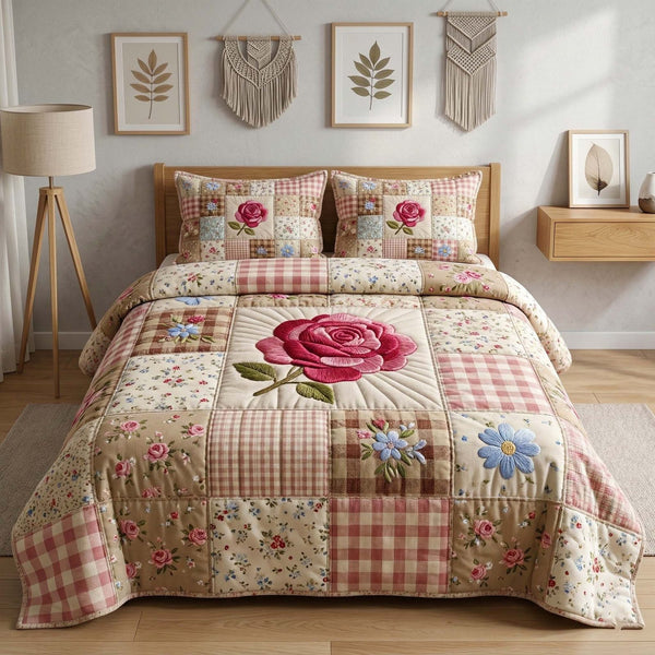 Rose Patchwork quilted 3-piece bedding set on a made bed in a farmhouse bedroom