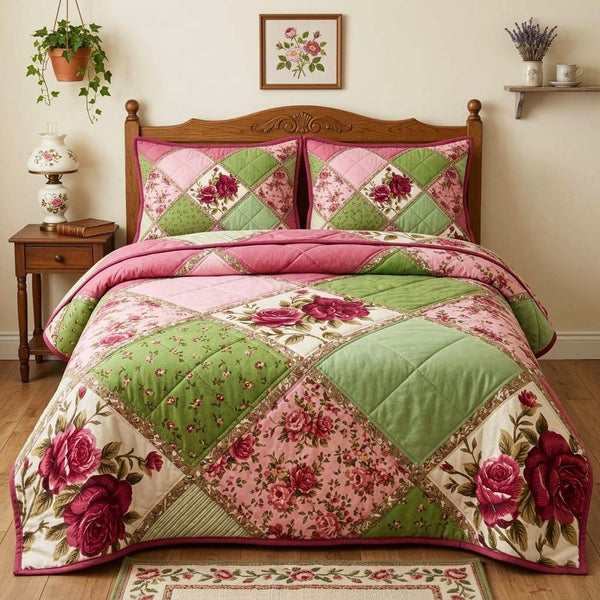 Rose Patchwork quilted 3-piece bedding set on a made bed in a farmhouse bedroom