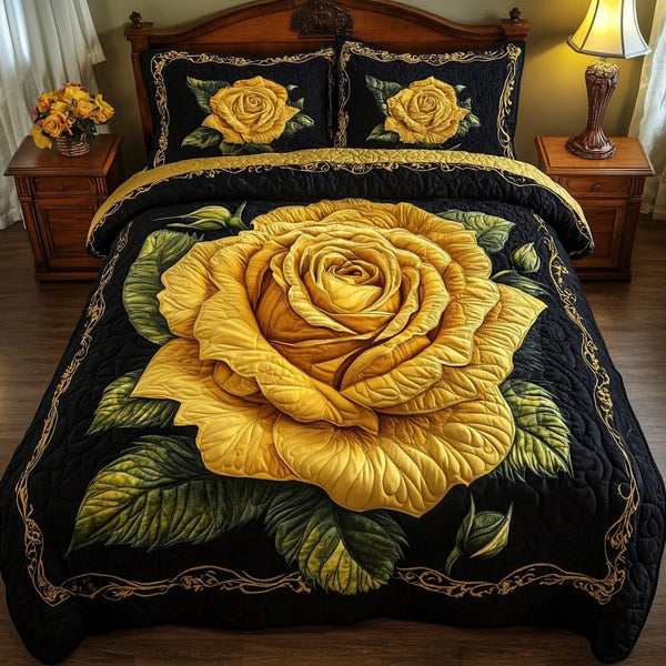 Rose quilted 3-piece bedding set on a made bed with two matching pillow shams