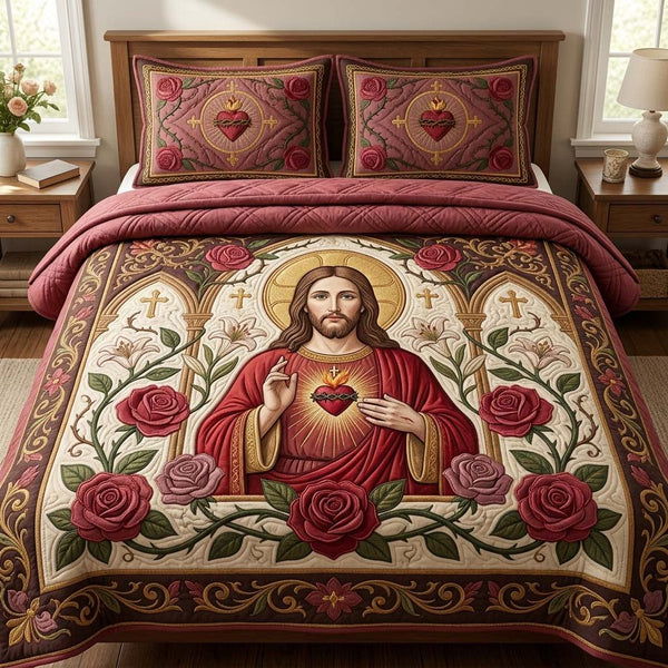 Rose Sacred Heart quilted 3-piece bedding set on a made bed in a softly lit bedroom