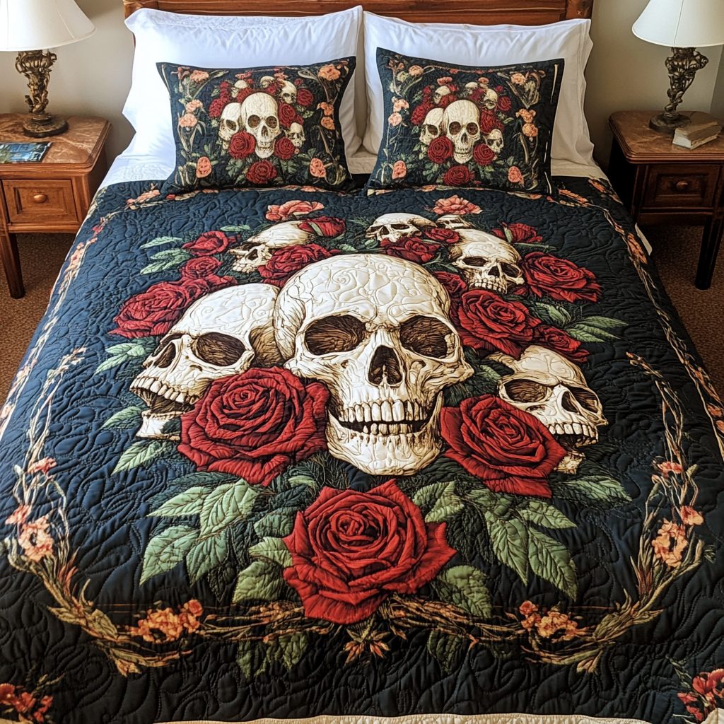 Rose Shadows quilted 3-piece bedding set on a made bed with two matching pillow shams