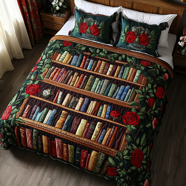 Rose Shelves quilted 3-piece bedding set on a made bed with two matching pillow shams