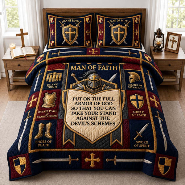 Rose Shield Grace quilted 3-piece bedding set on a made bed with two matching pillow shams