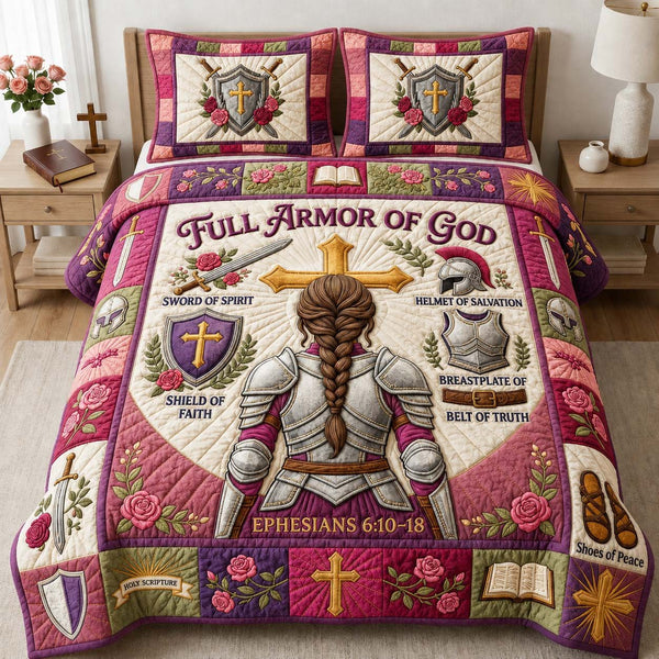 Rose Shield Knight quilted 3-piece bedding set on a made bed with two matching pillow shams