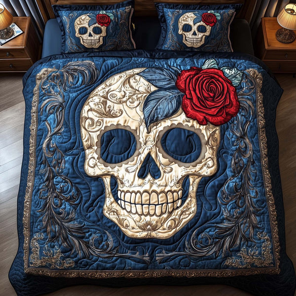 Rose Skull quilted 3-piece bedding set on a made bed against a dark styled interior