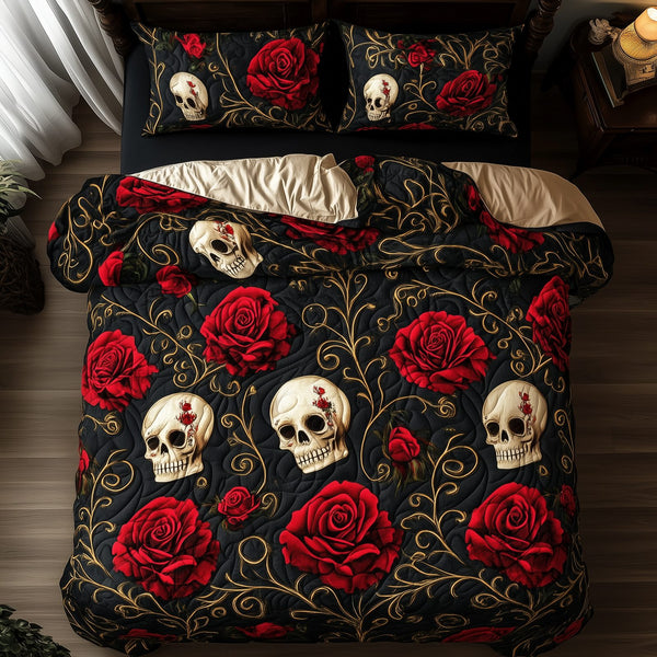 Rose Skull quilted 3-piece bedding set on a made bed against a dark styled interior