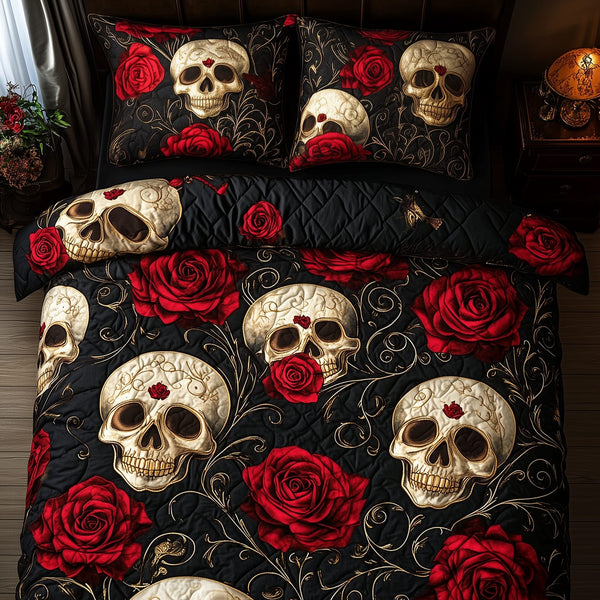Rose Skull quilted 3-piece bedding set on a made bed against a dark styled interior