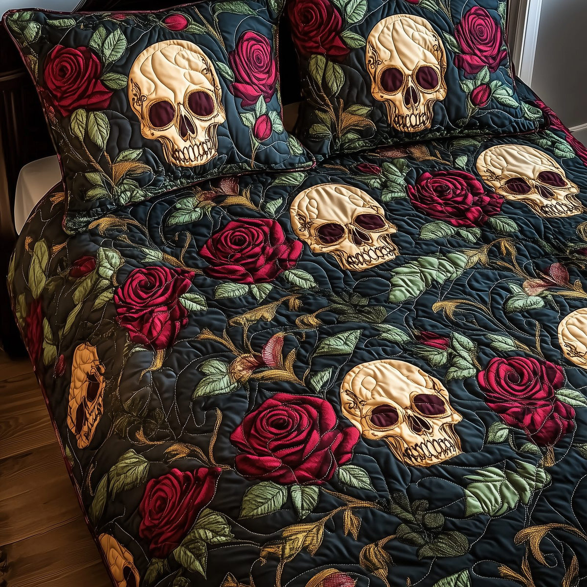 Rose Skull quilted 3-piece bedding set on a made bed against a dark styled interior