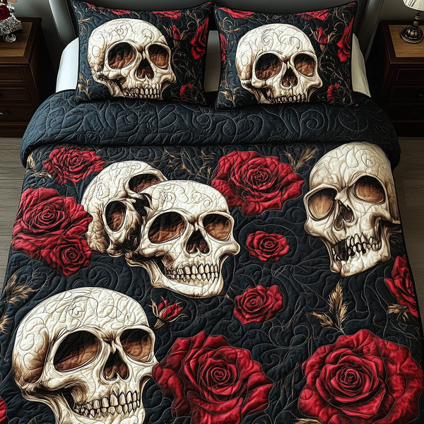Rose Skulls quilted 3-piece bedding set on a made bed against a dark styled interior