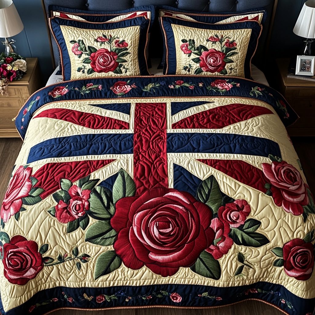 Rose Union quilted 3-piece bedding set on a made bed in a warmly lit bedroom