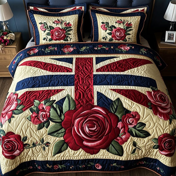 Rose Union quilted 3-piece bedding set on a made bed in a warmly lit bedroom
